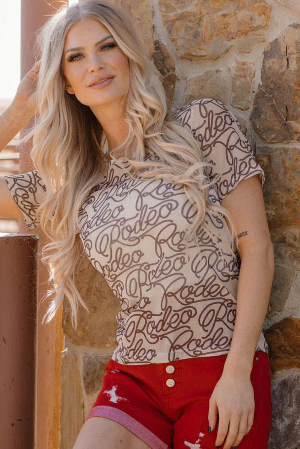 Brown Rodeo Print Round Neck Slim Fit Mesh T Shirt for Men - Love Salve